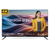 A 55-inch Cellecor CE-55U PRO 4K UHD QLED Smart TV, featuring a sleek, bezel-less display and supported by its two detached table-top stands.