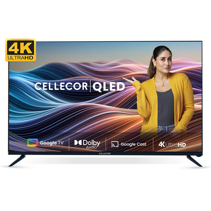 A 55-inch Cellecor CE-55U PRO 4K UHD QLED Smart TV, featuring a sleek, bezel-less display and supported by its two detached table-top stands.
