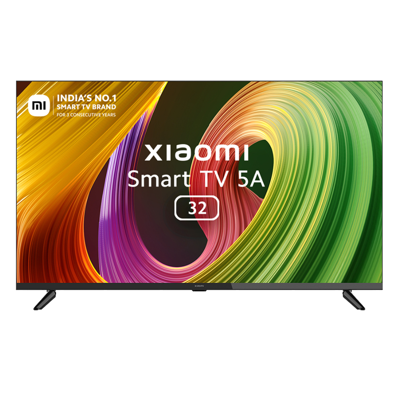 A 32-inch Mi 5A HD Ready LED Smart Android TV, featuring Dolby Audio support, a modern slim-bezel display, and supported by its two detached table-top stands.
