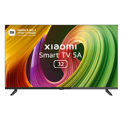 A 32-inch Mi 5A HD Ready LED Smart Android TV, featuring Dolby Audio support, a modern slim-bezel display, and supported by its two detached table-top stands.