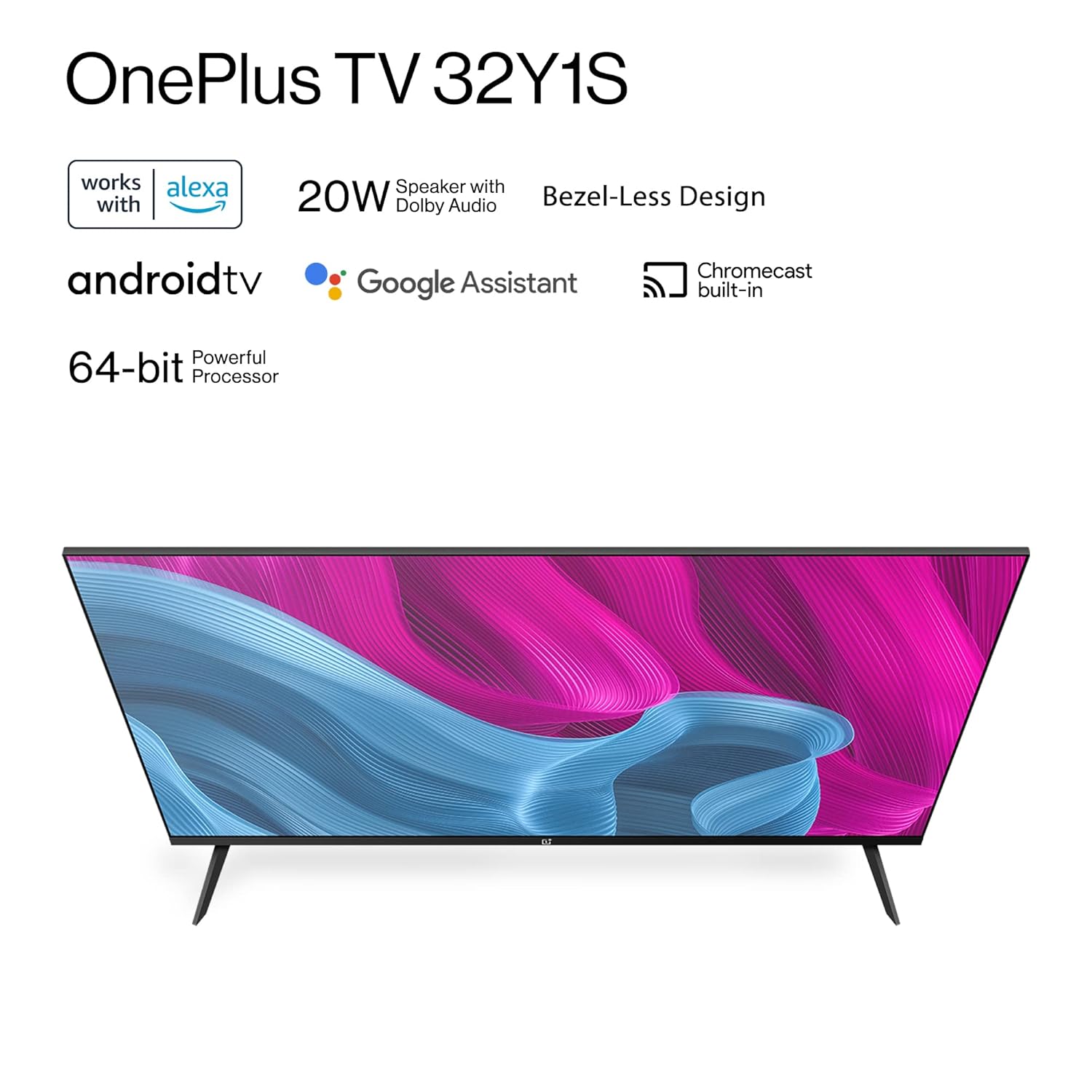 A 32-inch OnePlus Y Series HD Ready Smart Android LED TV, featuring a sleek, near-bezel-less display and supported by its two detached table-top stands.