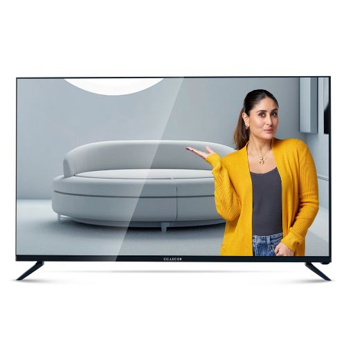 A 43-inch Cellecor Smart TV model E-43MT, displayed with a standard modern bezel and supported by its two detached table-top stands.