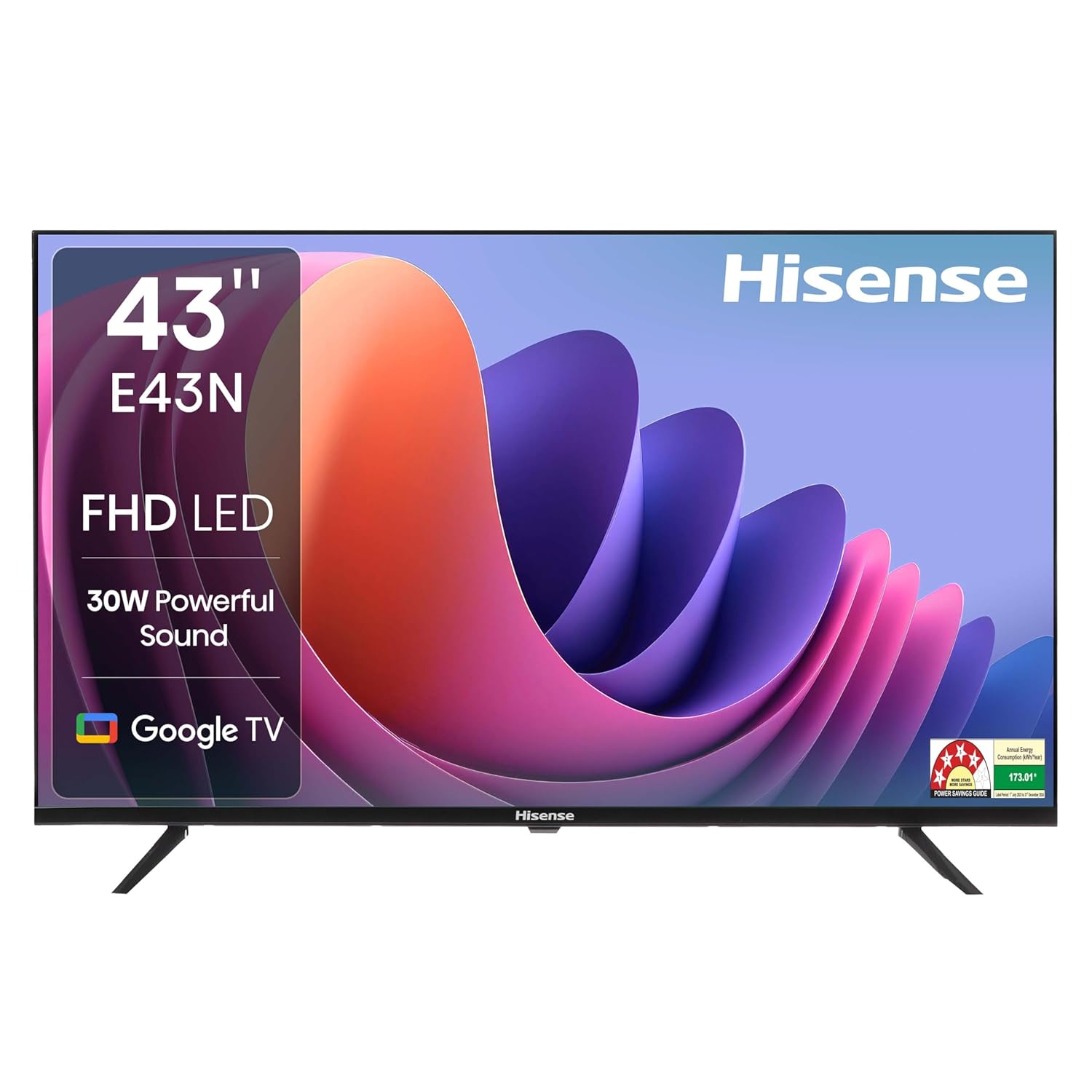 A 43-inch Hisense E43N Series Full HD Smart Google LED TV, featuring a modern, slim-bezel display and standing on its two separate table-top support feet.