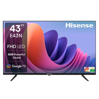 A 43-inch Hisense E43N Series Full HD Smart Google LED TV, featuring a modern, slim-bezel display and standing on its two separate table-top support feet.