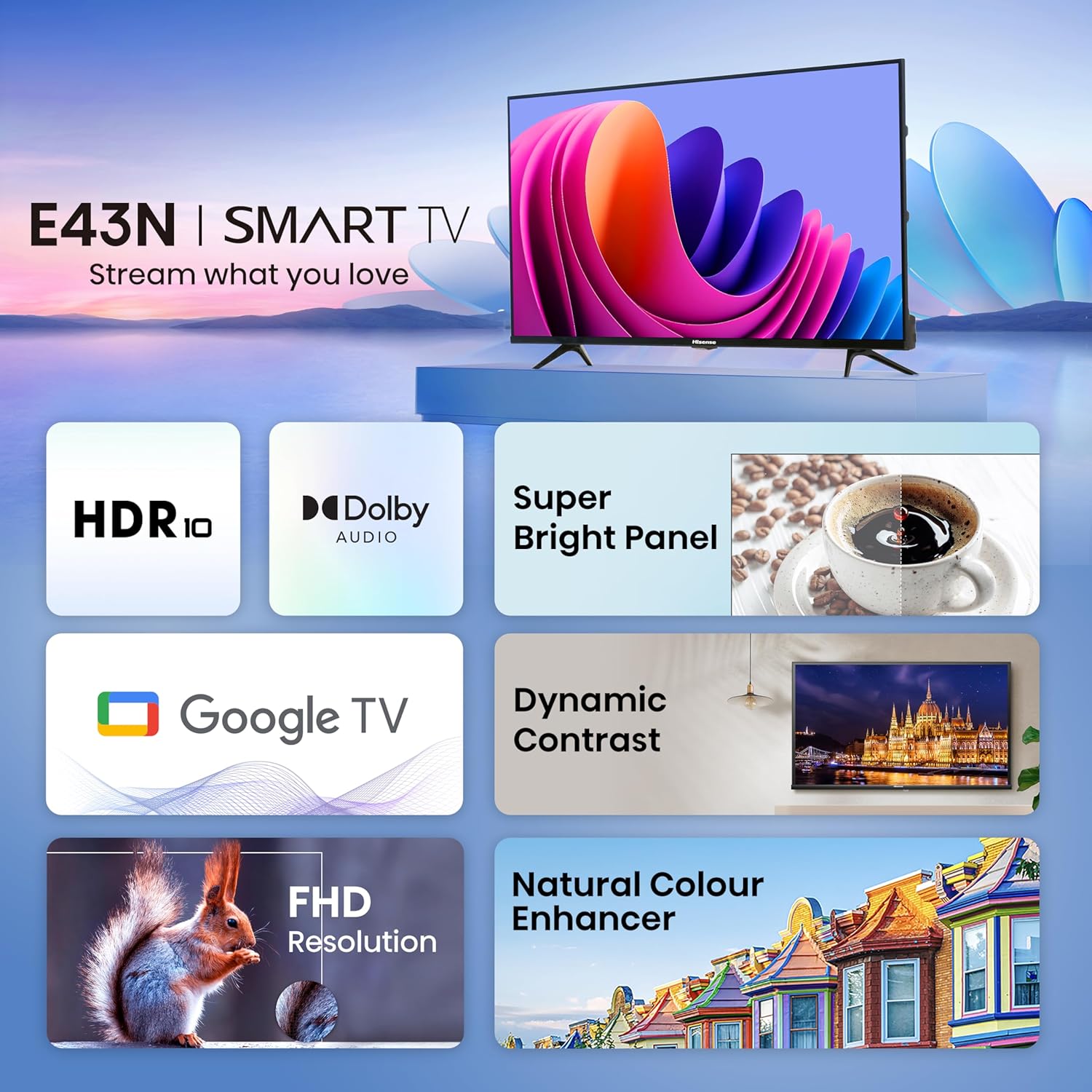 A 43-inch Hisense E43N Series Full HD Smart Google LED TV, featuring a modern, slim-bezel display and standing on its two separate table-top support feet.