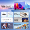 A 43-inch Hisense E43N Series Full HD Smart Google LED TV, featuring a modern, slim-bezel display and standing on its two separate table-top support feet.