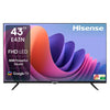 A 43-inch Hisense E43N Series Full HD Smart Google LED TV, featuring a modern, slim-bezel display and standing on its two separate table-top support feet.