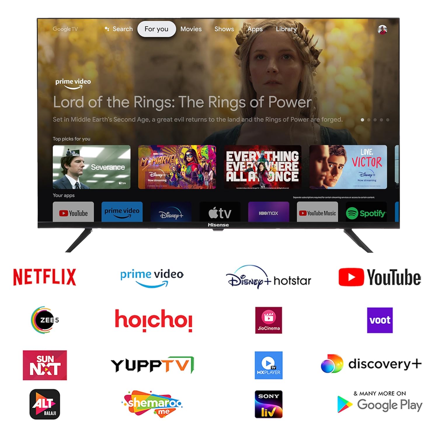A 43-inch Hisense E43N Series Full HD Smart Google LED TV, featuring a modern, slim-bezel display and standing on its two separate table-top support feet.
