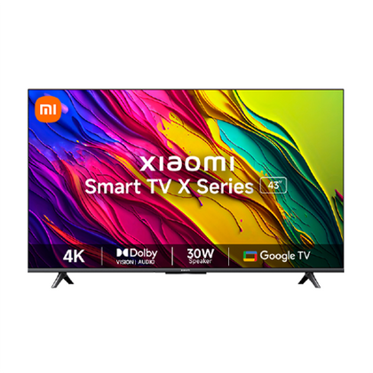 A 43-inch XIAOMI SMART TV X 4K Ultra HD Android Smart LED TV, featuring a sleek, slim-bezel design and resting on its two detached table-top stands.