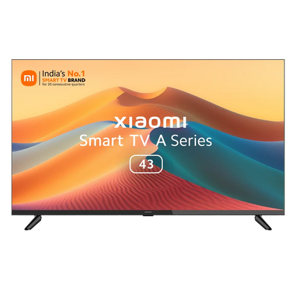 A 43-inch Xiaomi Smart TV A Series, featuring a large screen with a modern, slim-bezel design and supported by its two detached table-top stands.