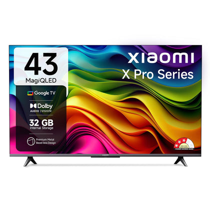A 43-inch Xiaomi X Pro QLED Series Smart Google TV (Model L43MA-SIN), showcasing a 4K Ultra HD resolution, a premium bezel-less design, and standing on its two separated pedestal feet.