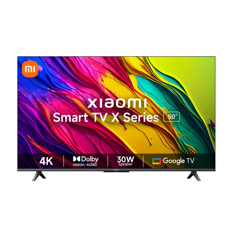 A 50-inch XIAOMI X Series Ultra HD (4K) LED Smart Google TV, featuring 4K Dolby Vision support, a slim bezel, and standing on its two separate, modern table-top stands.