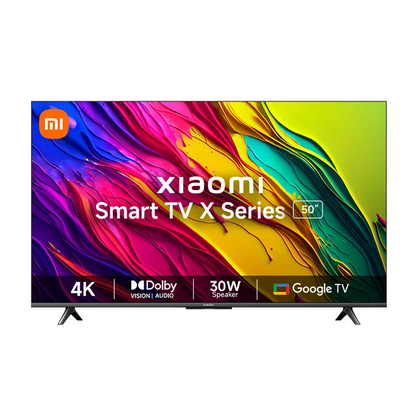 A 50-inch XIAOMI X Series Ultra HD (4K) LED Smart Google TV, featuring 4K Dolby Vision support, a slim bezel, and standing on its two separate, modern table-top stands.