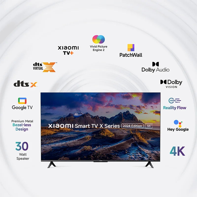 A 50-inch XIAOMI X Series Ultra HD (4K) LED Smart Google TV, featuring 4K Dolby Vision support, a slim bezel, and standing on its two separate, modern table-top stands.