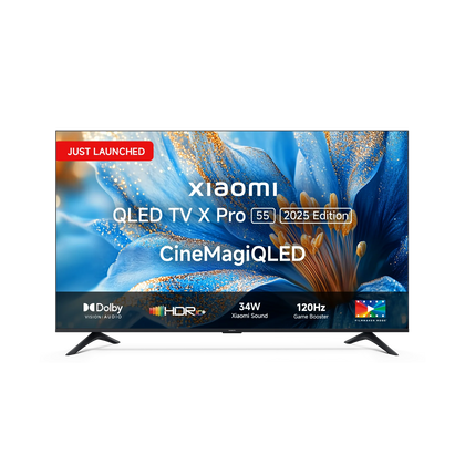 A 55-inch XIAOMI by Mi X Pro QLED Ultra HD (4K) Smart Google TV, featuring 4K Dolby Vision, a premium metal, bezel-less design, and standing on its two separate pedestal feet.