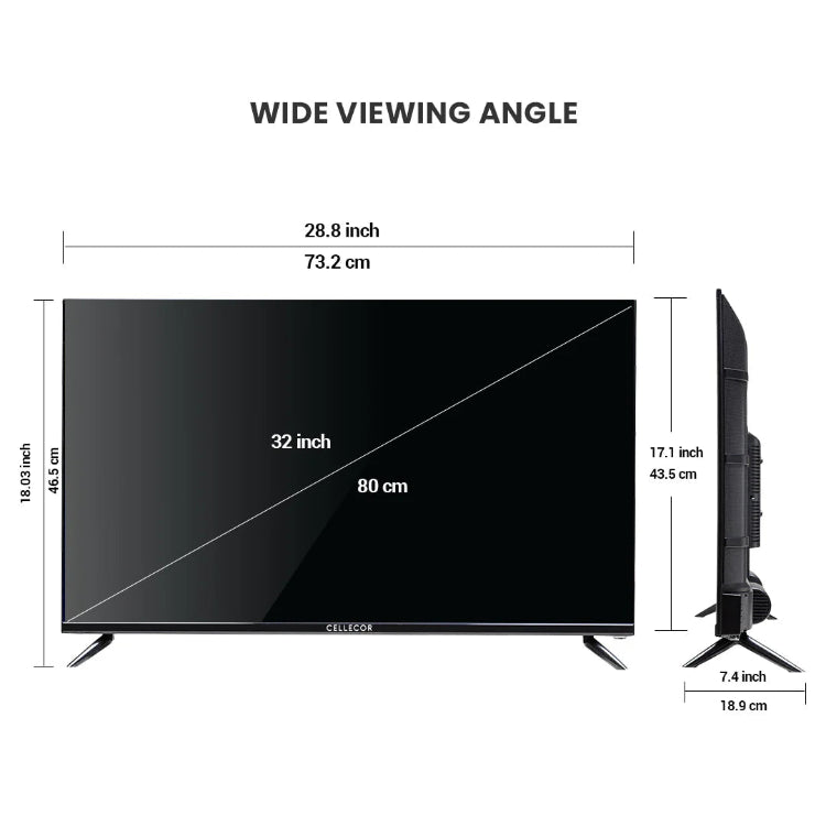 A black, 32-inch CELLECOR LEDTV CE32H PRO QLED Smart Android TV, featuring a sleek, bezel-less display and resting on its two-legged table stand.