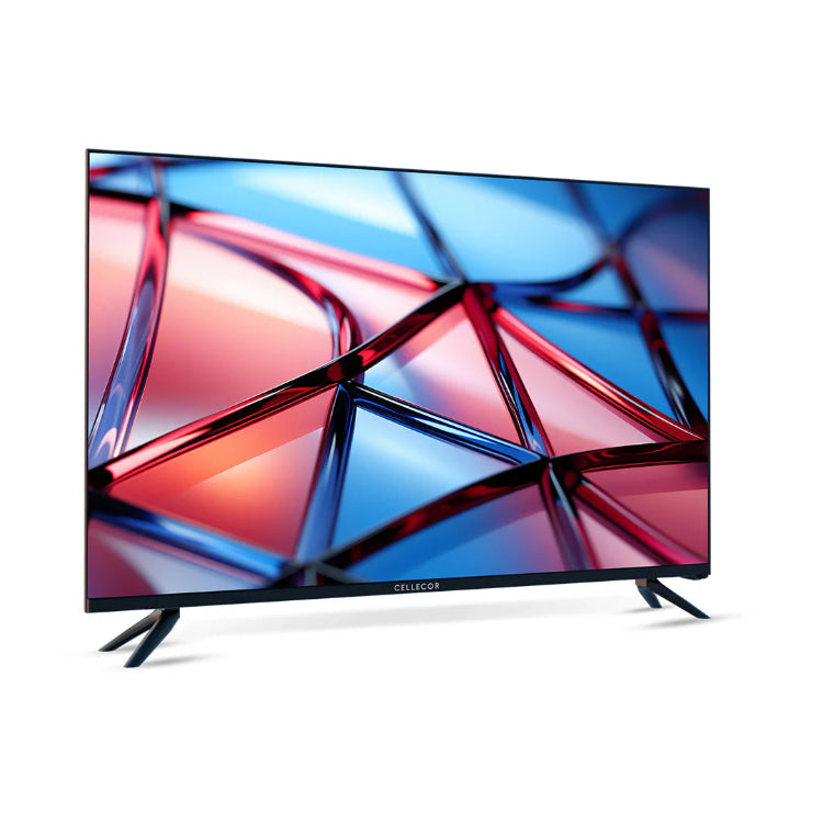 A black, 32-inch CELLECOR LEDTV CE32H PRO QLED Smart Android TV, featuring a sleek, bezel-less display and resting on its two-legged table stand.
