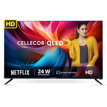 A black, 32-inch CELLECOR LEDTV CE32H PRO QLED Smart Android TV, featuring a sleek, bezel-less display and resting on its two-legged table stand.