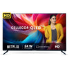 A black, 32-inch CELLECOR LEDTV CE32H PRO QLED Smart Android TV, featuring a sleek, bezel-less display and resting on its two-legged table stand.