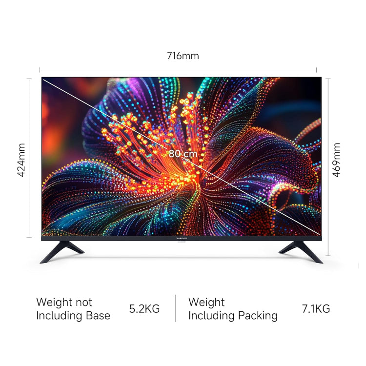 A black, 32-inch XIAOMI SMART TV A (2025 model), featuring a sleek, bezel-less HD LED display powered by Google TV and resting on its two detached table-top stands.