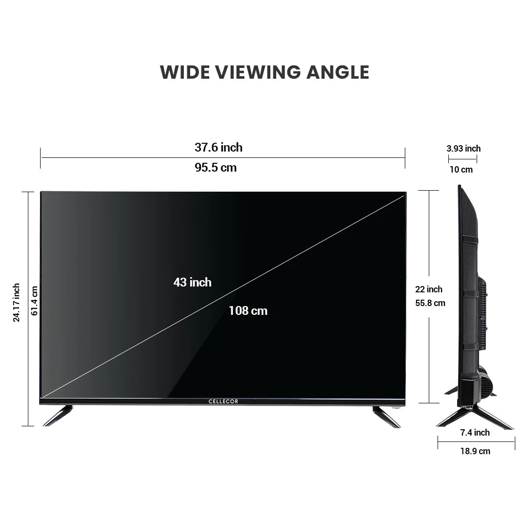 A black, 43-inch Cellecor CE43U PRO Full HD QLED Smart TV, showcased with a slim bezel and standing securely on its two separate, V-shaped table-top feet.