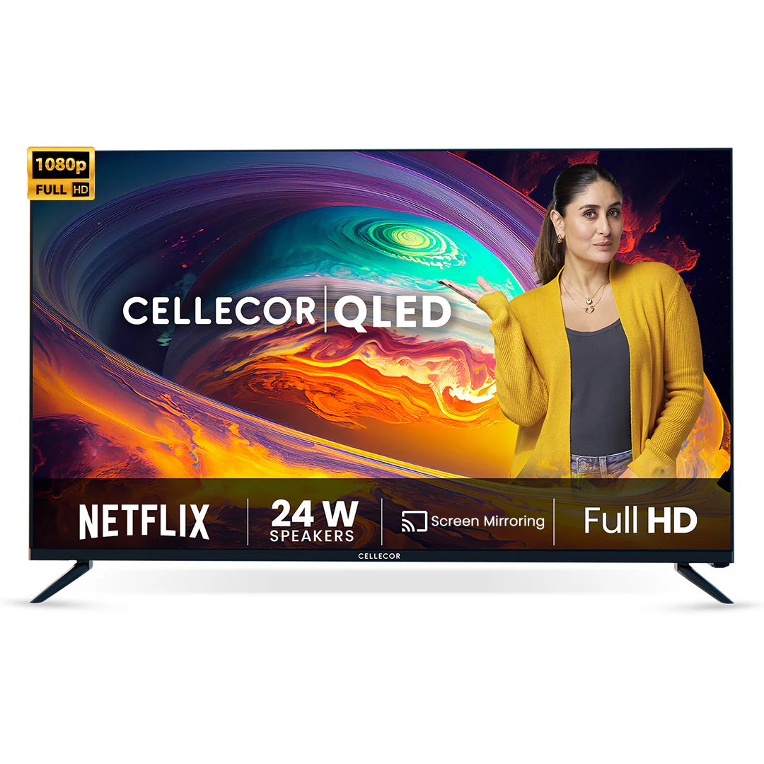 A black, 43-inch Cellecor CE43U PRO Full HD QLED Smart TV, showcased with a slim bezel and standing securely on its two separate, V-shaped table-top feet.