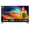 A black, 43-inch Cellecor CE43U PRO Full HD QLED Smart TV, showcased with a slim bezel and standing securely on its two separate, V-shaped table-top feet.