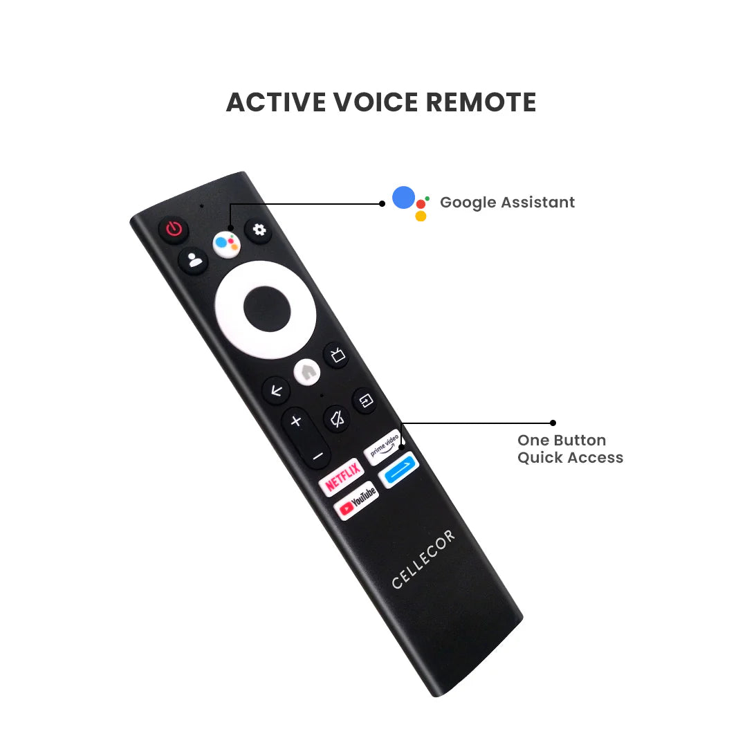 A large 65-inch Cellecor PRO 4K UHD QLED Smart TV, featuring a premium, bezel-less design and supported by its two detached table-top stand feet.