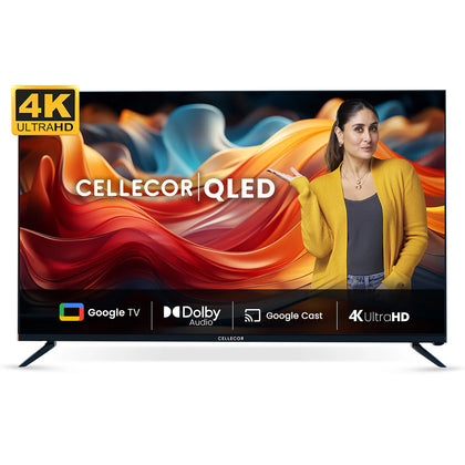 A large 65-inch Cellecor PRO 4K UHD QLED Smart TV, featuring a premium, bezel-less design and supported by its two detached table-top stand feet.
