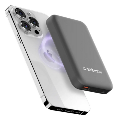 The Ambrane AeroSync is a compact, rectangular 10000 mAh portable MagSafe Power Bank, designed to magnetically attach to compatible phones for 15W wireless charging, and also featuring a USB-C port for wired charging.