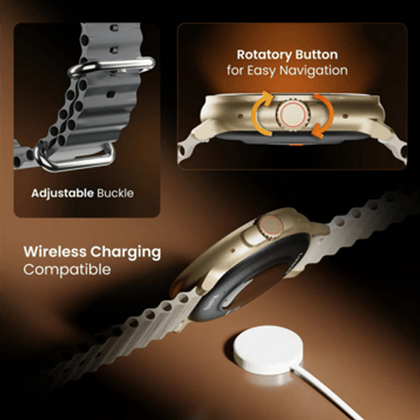 The Ambrane Wise Rush Smartwatch features a large, rectangular display with a metallic finish, enabling Bluetooth calling with an inbuilt mic and speaker, and offering advanced health tracking features like SpO2, heart rate, and sleep monitoring.