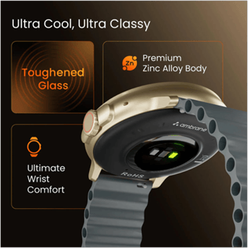 The Ambrane Wise Rush Smartwatch features a large, rectangular display with a metallic finish, enabling Bluetooth calling with an inbuilt mic and speaker, and offering advanced health tracking features like SpO2, heart rate, and sleep monitoring.