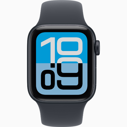 The Apple Watch SE 3 (44mm, Midnight Aluminum Case) with a Midnight Sport Band, featuring GPS connectivity, an Always-On Retina Display, and powered by the S10 Chip for essential health and safety features.