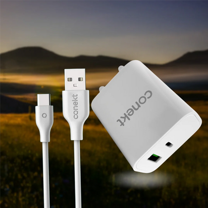 A Conekt Power Delivery (PD) Travel Charger featuring a compact wall adapter with both 18W and 20W output capabilities, and packaged with a detachable USB Type-C to Type-C cable for fast charging modern smartphones and devices.