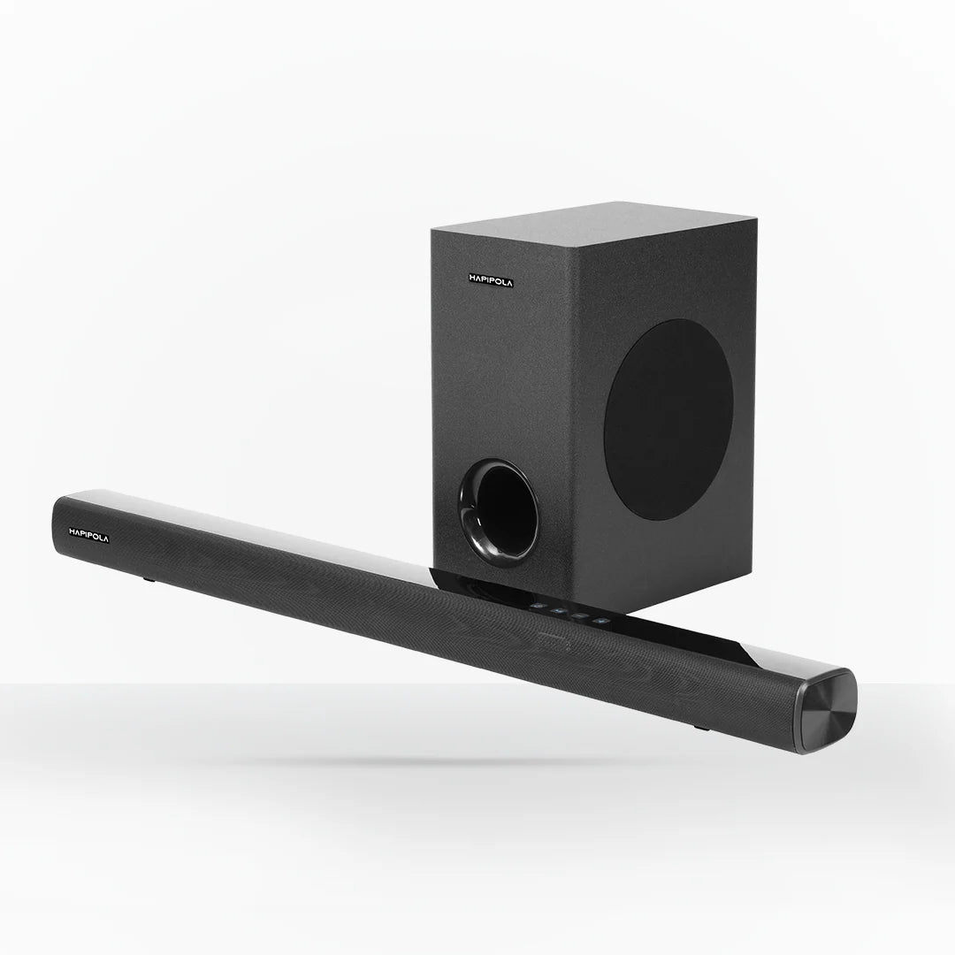 The HAPIPOLA Dynamite 300W Soundbar system features a 2.1 Channel configuration with a dedicated soundbar and wireless subwoofer, offering 300W of powerful audio output, Bluetooth 5.3 connectivity, and multiple inputs including HDMI (ARC).