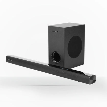 The HAPIPOLA Dynamite 300W Soundbar system features a 2.1 Channel configuration with a dedicated soundbar and wireless subwoofer, offering 300W of powerful audio output, Bluetooth 5.3 connectivity, and multiple inputs including HDMI (ARC).