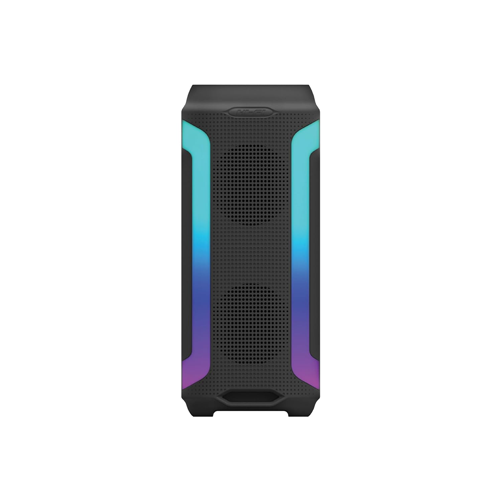 The HAPIPOLA Party Speaker II is a compact, portable multi-media Bluetooth party speaker with a vertical cabinet design, delivering 30W of sound, featuring a built-in handle, dynamic RGB lighting, and microphone connectivity.