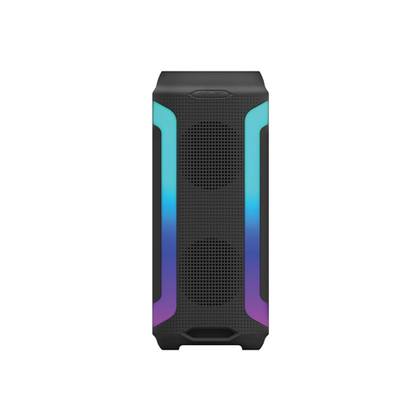The HAPIPOLA Party Speaker II is a compact, portable multi-media Bluetooth party speaker with a vertical cabinet design, delivering 30W of sound, featuring a built-in handle, dynamic RGB lighting, and microphone connectivity.