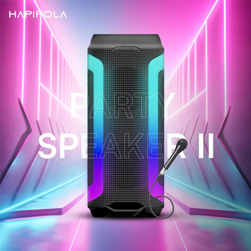The HAPIPOLA Party Speaker II is a compact, portable multi-media Bluetooth party speaker with a vertical cabinet design, delivering 30W of sound, featuring a built-in handle, dynamic RGB lighting, and microphone connectivity.