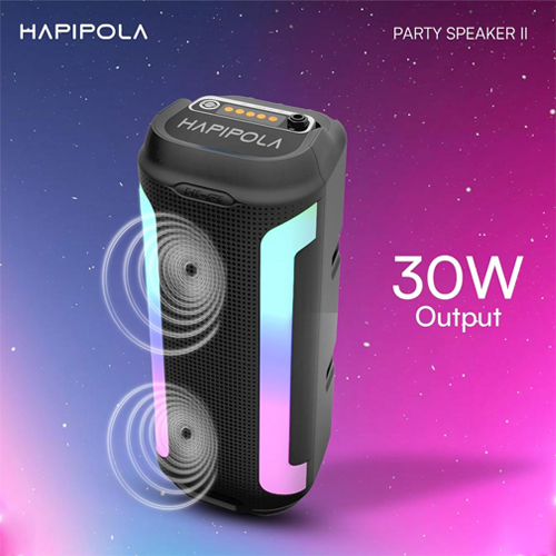 The HAPIPOLA Party Speaker II is a compact, portable multi-media Bluetooth party speaker with a vertical cabinet design, delivering 30W of sound, featuring a built-in handle, dynamic RGB lighting, and microphone connectivity.