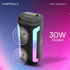 The HAPIPOLA Party Speaker II is a compact, portable multi-media Bluetooth party speaker with a vertical cabinet design, delivering 30W of sound, featuring a built-in handle, dynamic RGB lighting, and microphone connectivity.