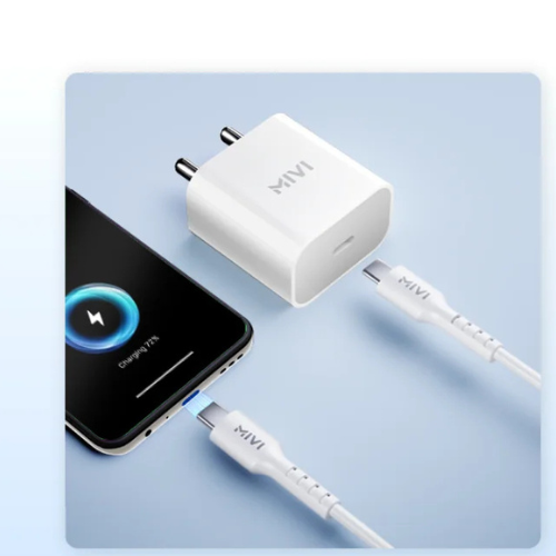 The MIVI 22.5W Smart-N-Fast Charger is a compact white or black wall adapter with a folding plug, featuring a single USB Type-C port, and packaged with a matching durable Type-C to Type-C cable for 22.5W fast charging.