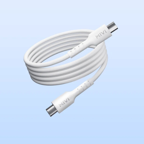 The MIVI 22.5W Smart-N-Fast , featuring a single USB Type-C port, and packaged with a matching durable Type-C to Type-C cable for 22.5W fast charging.