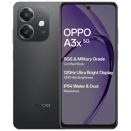 The OPPO A3X 5G is a sleek smartphone with a flat-edge design, featuring a large 6.67-inch 120Hz display, powered by a MediaTek Dimensity 6300 processor for ultra-smooth performance, and includes a 5100mAh battery with 45W SUPERVOOC fast charging.