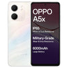 OPPO A5x 4G smartphone available in Laser White featuring a 120Hz Display, 6000mAh battery, 45W SUPERVOOC Fast Charging, and a 32MP AI Camera. Best budget 4G phone for durability.