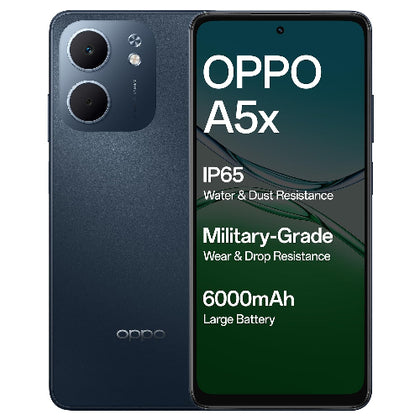 OPPO A5x 4G smartphone available in Midnight Blue, featuring a 120Hz Display, 6000mAh battery, 45W SUPERVOOC Fast Charging, and a 32MP AI Camera. Best budget 4G phone for durability.