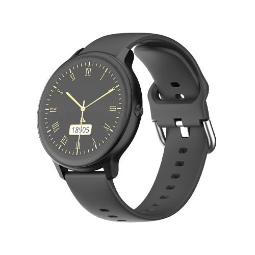 The Ambrane FitShot Sphere Smartwatch features a circular 1.28-inch display, a sleek stainless steel round dial, and a comfortable silicone strap, with IP68 water resistance and health tracking for SpO2 and heart rate.