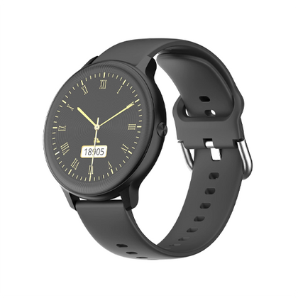 The Ambrane FitShot Sphere Smartwatch features a circular 1.28-inch display, a sleek stainless steel round dial, and a comfortable silicone strap, with IP68 water resistance and health tracking for SpO2 and heart rate.