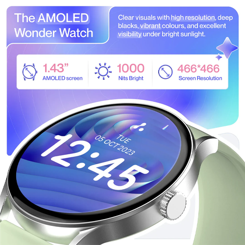 The Ambrane SmartWatch features a large, vibrant 1.43-inch AMOLED display in a circular metallic dial, supporting Bluetooth calling, continuous heart rate monitoring, and multiple sport modes.