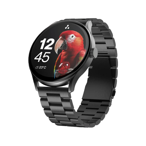 The Ambrane SmartWatch features a large, vibrant 1.43-inch AMOLED display in a circular metallic dial, supporting Bluetooth calling, continuous heart rate monitoring, and multiple sport modes.